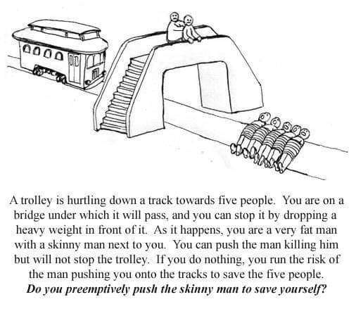 4000 A trolley is hurtling down a track towards five people. You are on a bridge under which it will pass, and you can stop it by dropping a heavy weight in front of it. As it happens, you are a very fat man with a skinny man next to you. You can push the man killing him but will not stop the trolley. If you do nothing, you run the risk of the man pushing you onto the tracks to save the five people. Do you preemptively push the skinny man to save yourself?