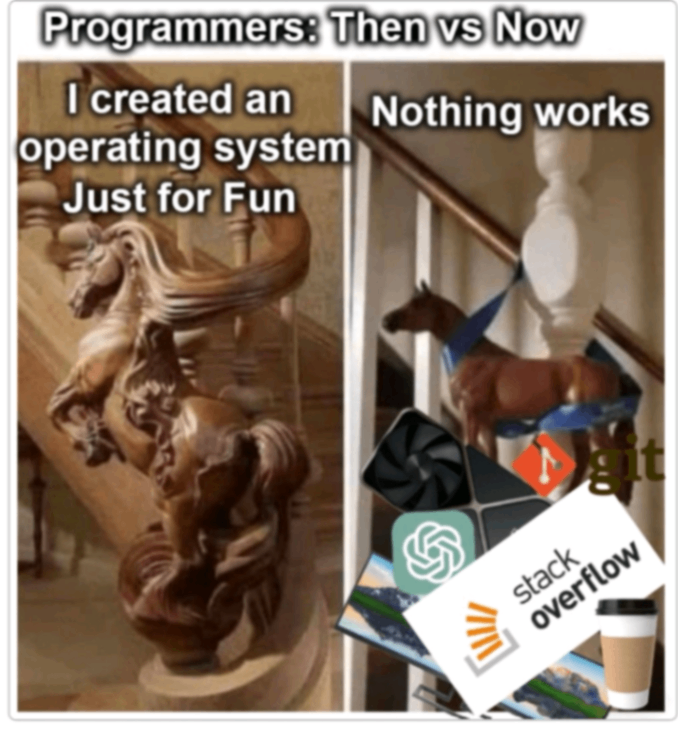 Programmers: Then vs Now I created an Nothing works operating system Just for Fun stack overflow