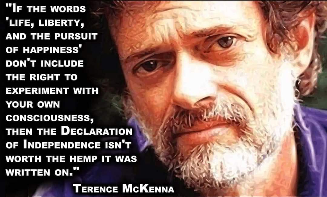 "IF THE WORDS 'LIFE, LIBERTY, AND THE PURSUIT OF HAPPINESS' DON'T INCLUDE THE RIGHT TO EXPERIMENT WITH YOUR OWN CONSCIOUSNESS, THEN THE DECLARATION OF INDEPENDENCE ISN'T WORTH THE HEMP IT WAS WRITTEN ON.** TERENCE McKENNA