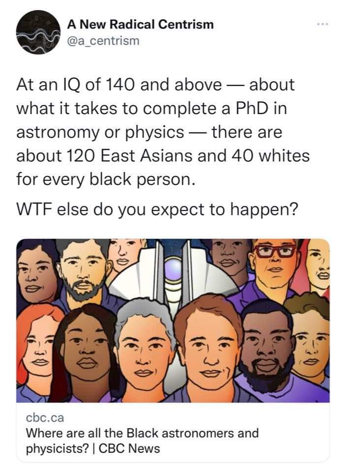 A New Radical Centrism @a_centrism At an IQ of 140 and above &mdash; about what it takes to complete a PhD in astronomy or physics - there are about 120 East Asians and 40 whites for every black person. WTF else do you expect to happen? cbc.ca Where are all the Black astronomers and physicists? | CBC News