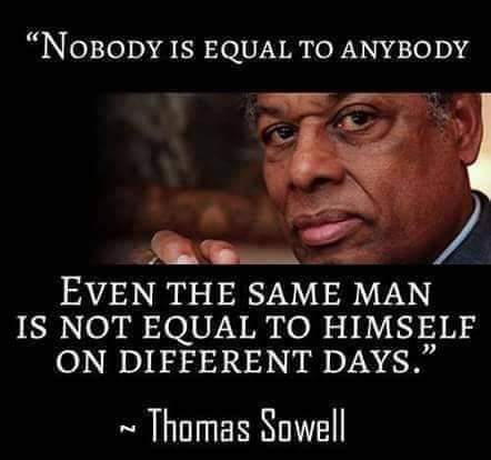 "NOBODY IS EQUAL TO ANYBODY EVEN THE SAME MAN IS NOT EQUAL TO HIMSELF ON DIFFERENT DAYS. ~ Thomas Sowell