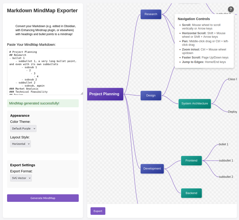 Markdown MindMap Exporter Convert your Markdown (e.g. edited in Obsidian, with Enhancing Mindmap plugin, or elsewhere) with headings and bullet points to a mindmap! Paste Your MindMap Markdown: # Project Planning ## Research - bullet 1 - subbullet 1, a very long bullet point, and even with its own subbullets - subsub 2 - subbullet 2 - subsub, again| ### Market Analysis ### Technical Feasibility MindMap generated successfully! Appearance Color Theme: Default Purple Layout Style: Horizontal v Project Planning Export Settings Export Format: SVG Vector v Generate MindMap Export Research Design Development Navigation Controls &bull; Scroll: Mouse wheel to scroll | vertically or Arrow keys &bull; Horizontal Scroll: Shift + Mouse wheel or Shift + Arrow keys &bull; Pan: Middle-click drag or Ctrl + left- click drag &bull; Zoom in/out: Ctrl + Mouse wheel up/down &bull; Faster Scroll: Page Up/Down keys &bull; Jump to Edges: Home/End keys Class I System Architecture Deploy -bullet 1 Frontend -subbullet 1 -subbullet 2 Backend