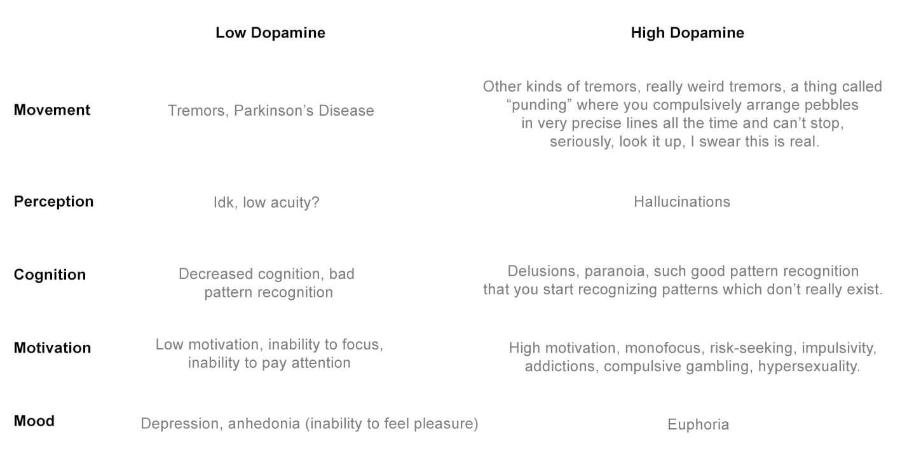 Low Dopamine High Dopamine Movement Tremors, Parkinson's Disease Other kinds of tremors, really weird tremors, a thing called "punding" where you compulsively arrange pebbles in very precise lines all the time and can't stop, seriously, look it up, I swear this is real. Perception Idk, low acuity? Hallucinations Cognition Decreased cognition, bad pattern recognition Delusions, paranoia, such good pattern recognition that you start recognizing patterns which don't really exist. Motivation Low motivation, inability to focus, inability to pay attention High motivation, monofocus, risk-seeking, impulsivity, addictions, compulsive gambling, hypersexuality. Mood Depression, anhedonia (inability to feel pleasure) Euphoria