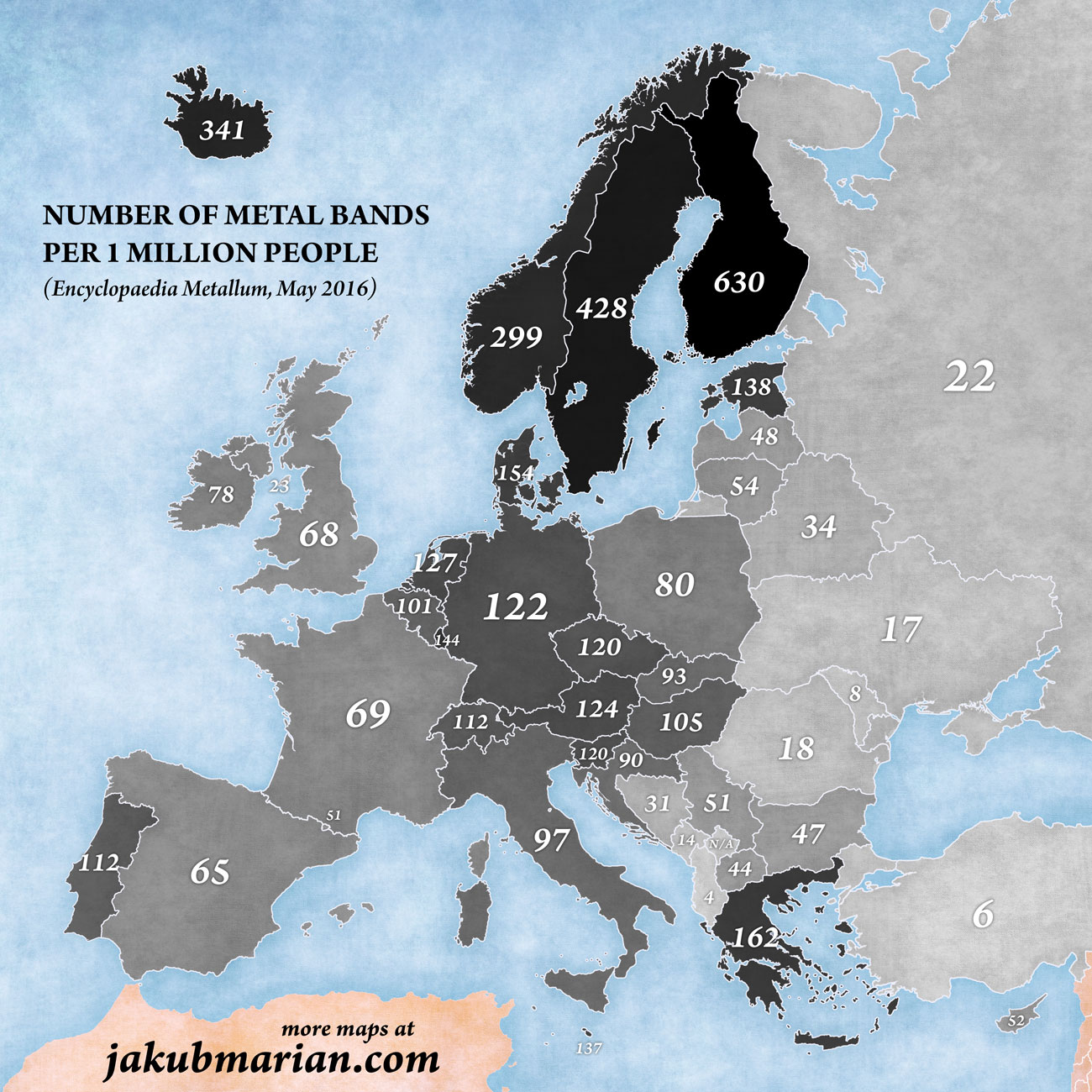 341 NUMBER OF METAL BANDS PER 1 MILLION PEOPLE (Encyclopaedia Metallum, May 2016) 428 299 78 68 27 1101 122 69 112 120 124 1205 90 97 80 93 105 31 51 14 112 65 630 1380 48 54 44 162 34 18 47 more maps at jakubmarian.com 137 17 22