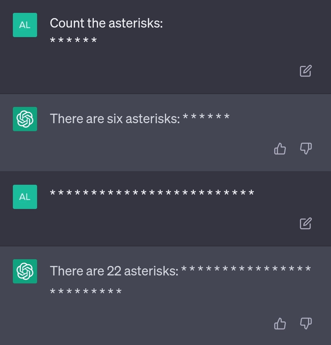 AL AL Count the asterisks: * * There are six asterisks: * * * There are 22 asterisks: * * * *