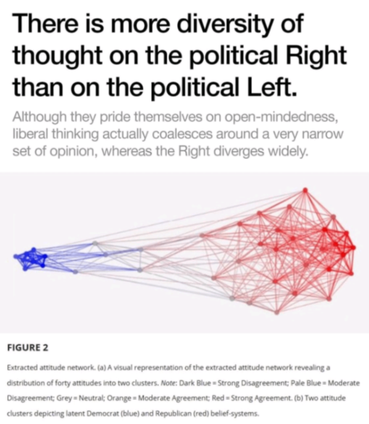There is more diversity of thought on the political Right than on the political Left. Although they pride themselves on open-mindedness, liberal thinking actually coalesces around a very narrow set of opinion, whereas the Right diverges widely. FIGURE 2 Extracted attitude network. (a) A visual representation of the extracted attitude network revealing a distribution of forty attitudes into two clusters. Note: Dark Blue = Strong Disagreement; Pale Blue = Moderate Disagreement; Grey = Neutral; Orange = Moderate Agreement; Red = Strong Agreement. (b) Two attitude clusters depicting latent Democrat (blue) and Republican (red) belief-systems.
