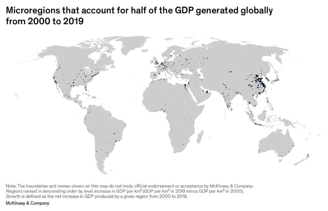 Microregions that account for half of the GDP generated globally from 2000 to 2019 Note: The boundaries and names shown on this map do not imply official endorsement or acceptance by McKinsey & Company. Regions ranked in descending order by level increase in GDP per km? (GDP per km? in 2019 minus GDP per km? in 2000). Growth is defined as the net increase in GDP produced by a given region from 2000 to 2019. McKinsey & Company
