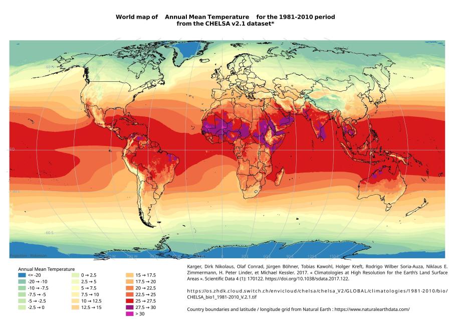 World map of Annual Mean Temperature for the 1981-2010 period from the CHELSA v2.1 dataset* **. 60 S rojection : Robinson Annual Mean Temperature <= -20 -20 &rarr; -10 -10 &rarr; -75 -7.5 &rarr; -5 -5 &rarr; -2.5 -2.5 &rarr; 0 0 &rarr; 2.5 2.5 &rarr; 5 5 &rarr; 7.5 7.5 &rarr; 10 10 &rarr; 12.5 12.5 &rarr; 15 15 &rarr; 17.5 17.5 &rarr; 20 20 &rarr; 22.5 22.5 &rarr; 25 25 &rarr; 27.5 27.5 &rarr; 30 > 30 Karger, Dirk Nikolaus, Olaf Conrad, J&uuml;rgen B&ouml;hner, Tobias Kawohl, Holger Kreft, Rodrigo Wilber Soria-Auza, Niklaus E. Zimmermann, H. Peter Linder, et Michael Kessler. 2017. &laquo; Climatologies at High Resolution for the Earth's Land Surface Areas &raquo;. Scientific Data 4(1): 170122. https://doi.org/10.1038/sdata.2017.122. https://os.zhdk.cloud.switch.ch/envicloud/chelsa/chelsa_V2/GLOBAL/climatologies/1981-2010/bio/ CHELSA_bio1_1981-2010_V.2.1.tif Country boundaries and latitude / longitude grid from Natural Earth: https://www.naturalearthdata.com/