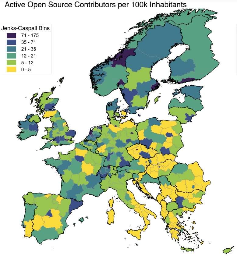 Active Open Source Contributors per 100k Inhabitants Jenks-Caspall Bins 71 - 175 35 - 71 21 - 35 12 - 21 5 - 12 0 - 5