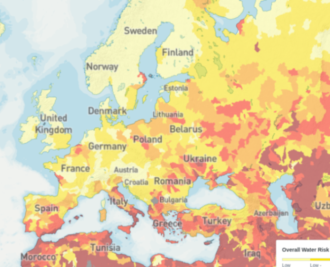 Sweden Finland Norway Denmark United Kingdom Estonia Lithuania Belarus France Spain Poland Germany Ukraine Austria -Croatia Romania Italy Bulgaria Gre Turkey Uzb Azerbaijan Tunisia Mor&oacute;cco traq Overall Water Risk