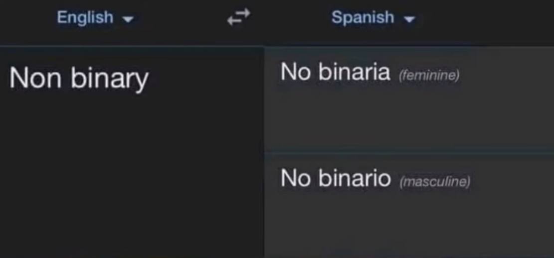 English + Non binary Spanish + No binaria (feminine) No binario (masculine)