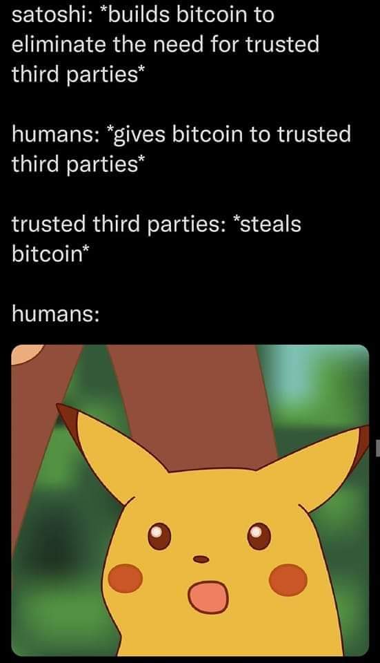 satoshi: *builds bitcoin to eliminate the need for trusted third parties* humans: *gives bitcoin to trusted third parties* trusted third parties: *steals bitcoin* humans: